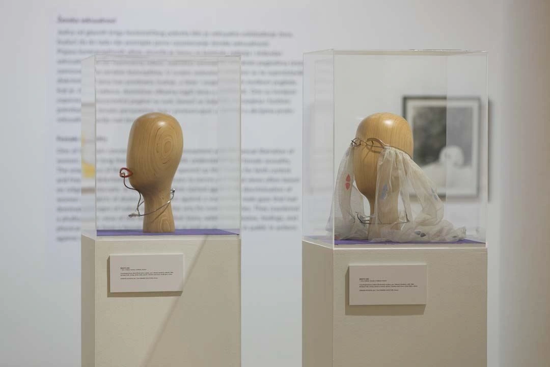 Two art installations on white pedestals in a gallery, the left displaying a wooden head with glasses, the right a glass sphere with a veil, both under protective covers.