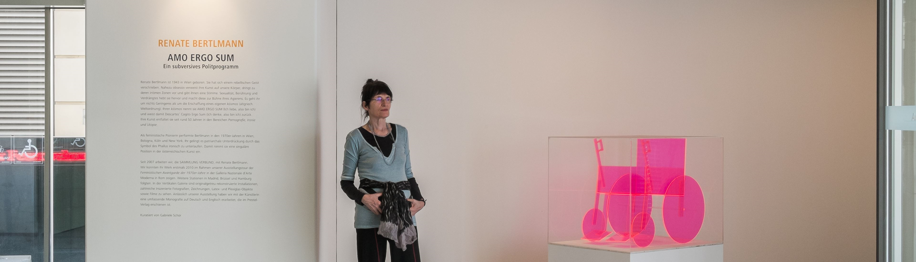 Besucherin betrachtet eine zeitgenössische Kunstausstellung mit einer pink leuchtenden Skulptur in einer Vitrine neben Informationstexten an einer weißen Wand.