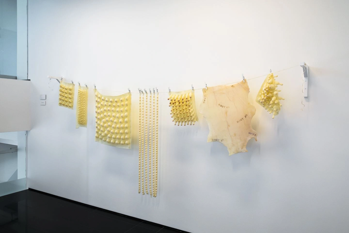 Artwork of yellowish, honeycomb-like structures strung along a line on a white gallery wall.