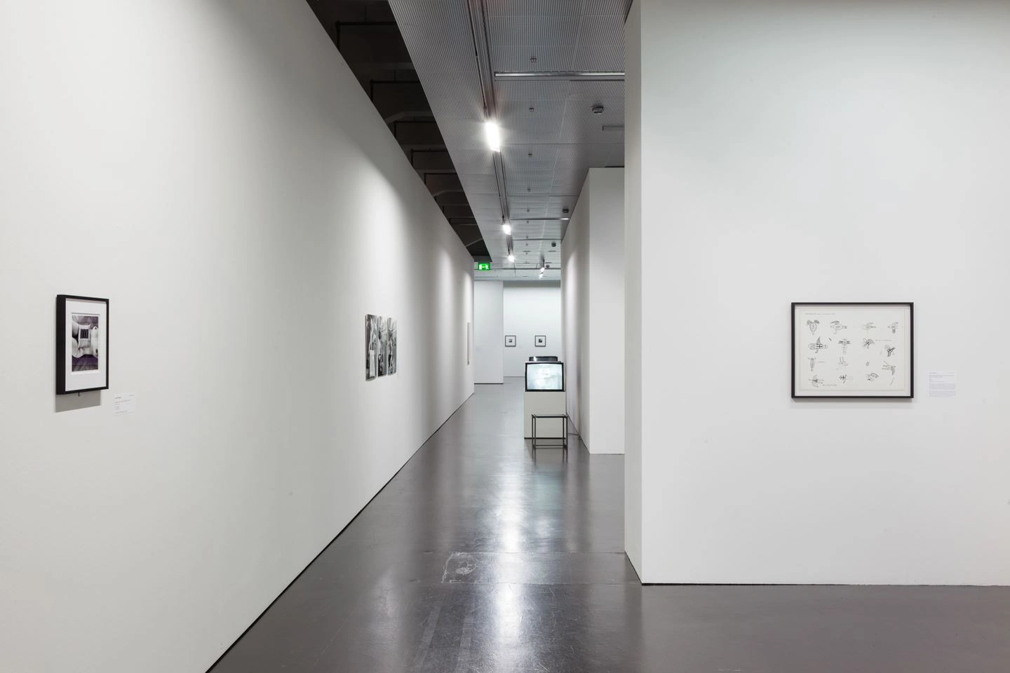 In a corridor, works of art hang on white walls, the floor is dark and illuminated by the light. On the right, the corridor leads to several rooms in which pictures can also be seen on the walls. In the middle of the corridor is a pedestal with a monitor.