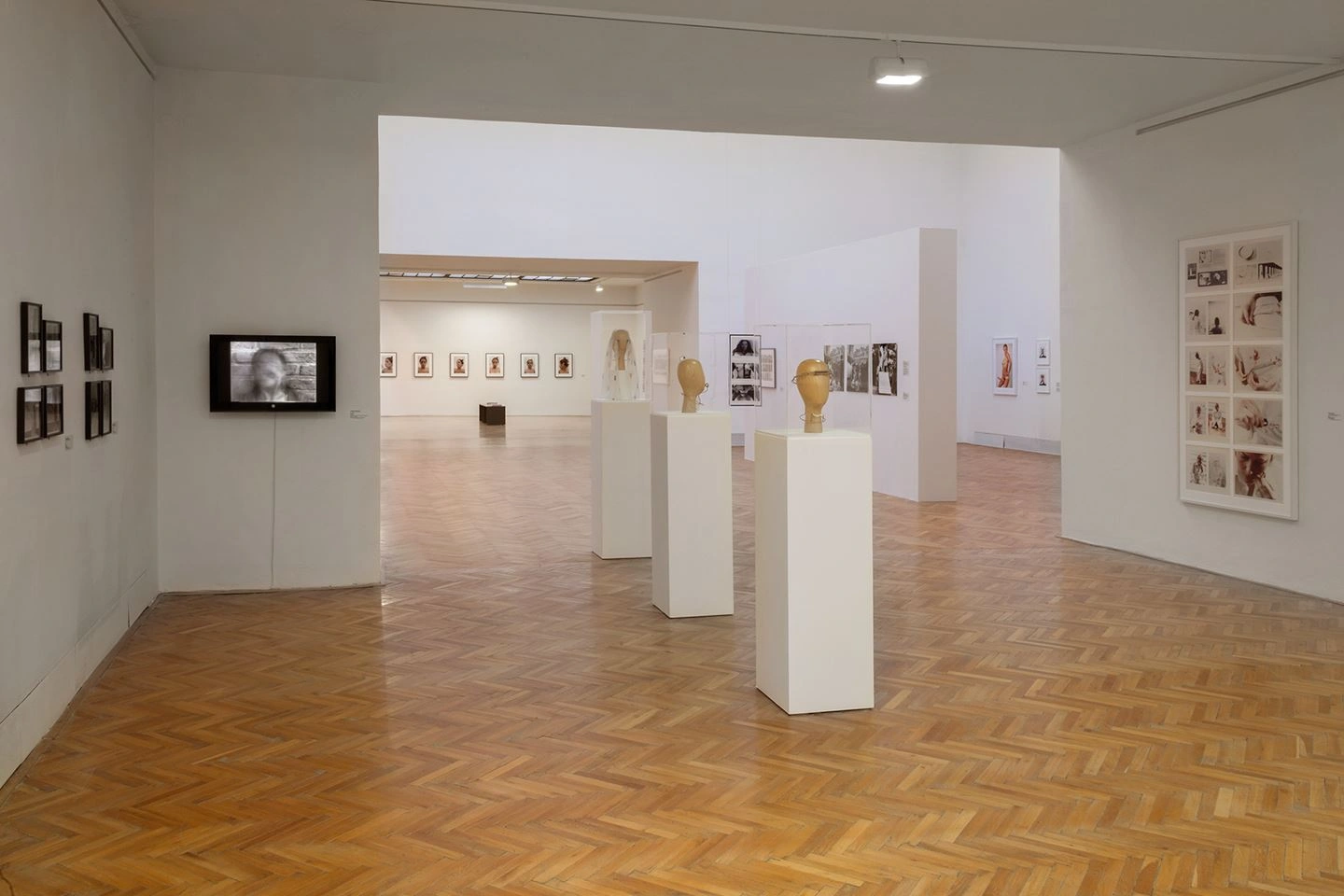 Ein Ausstellungsraum ist zu sehen, in dem etliche Fotographien an den Wänden hängen. Das Licht ist eher dünkler und in der Mitte des Raumes stehen Vitrinen mit Modelköpfen aus Holz.