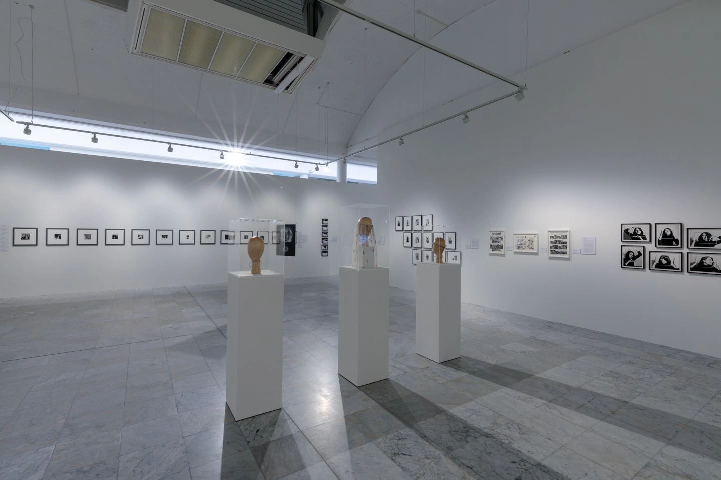 A large exhibition room can be seen with many works of art on the walls. In the middle of the room are three showcases on a white base. In the showcases, head models can be seen from behind. The showcases cast a long shadow on the gray floor.