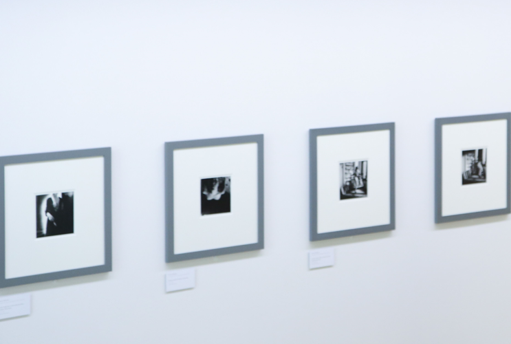 Six square pictures with silver frames hang in a row on a white wall. They are black and white photographs in a passe-partout frame.